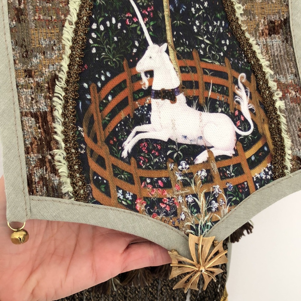 Handmade Unicorn Bag Fringe Tassel Fabric Renaissance Medieval Garb Tapestry - Picture 6 of 12